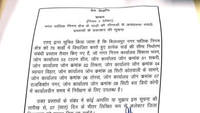 वार्ड परिसीमन अधिसूचना जारी…प्रस्ताव पर दावा आपत्ती की मांग…बिलासा दाई केवट वार्ड 69 में सर्वाधिक 14 हजार जनसंख्या