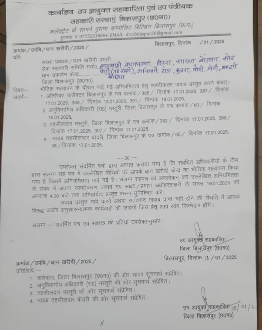 खतरे में प्रभारियों की नौकरी..कलेक्टर आदेश पर 14 समिति प्रबंधकों को उपायुक्त का फरमान..प्रमाण के साथ 24 घंटे में पेश करें जवाब
